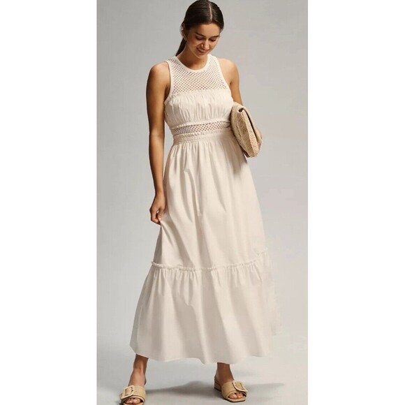 Anthropologie x Mare Mare Classic Smocked Tiered Preppy White Maxi Dress XS NWT